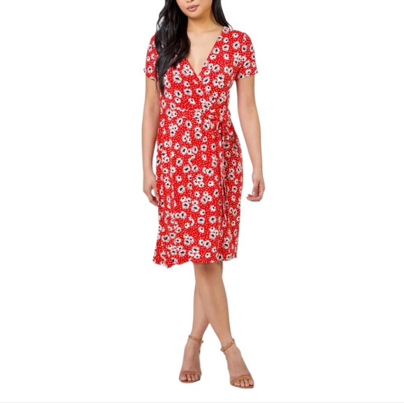 LOFT Red Floral Wrap‎ Dress Womens XLP Petite Short Sleeve Belted Midi High-Low - Picture 1 of 10